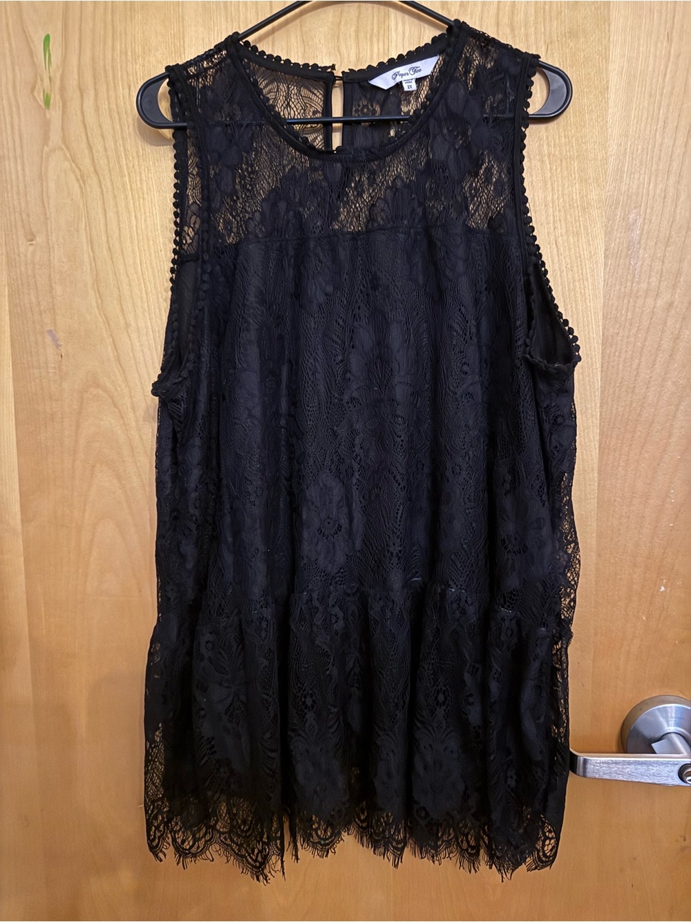 Paper Tee Black Lace Sleeveless Babydoll Blouse Pom Pom Trim Size 2X